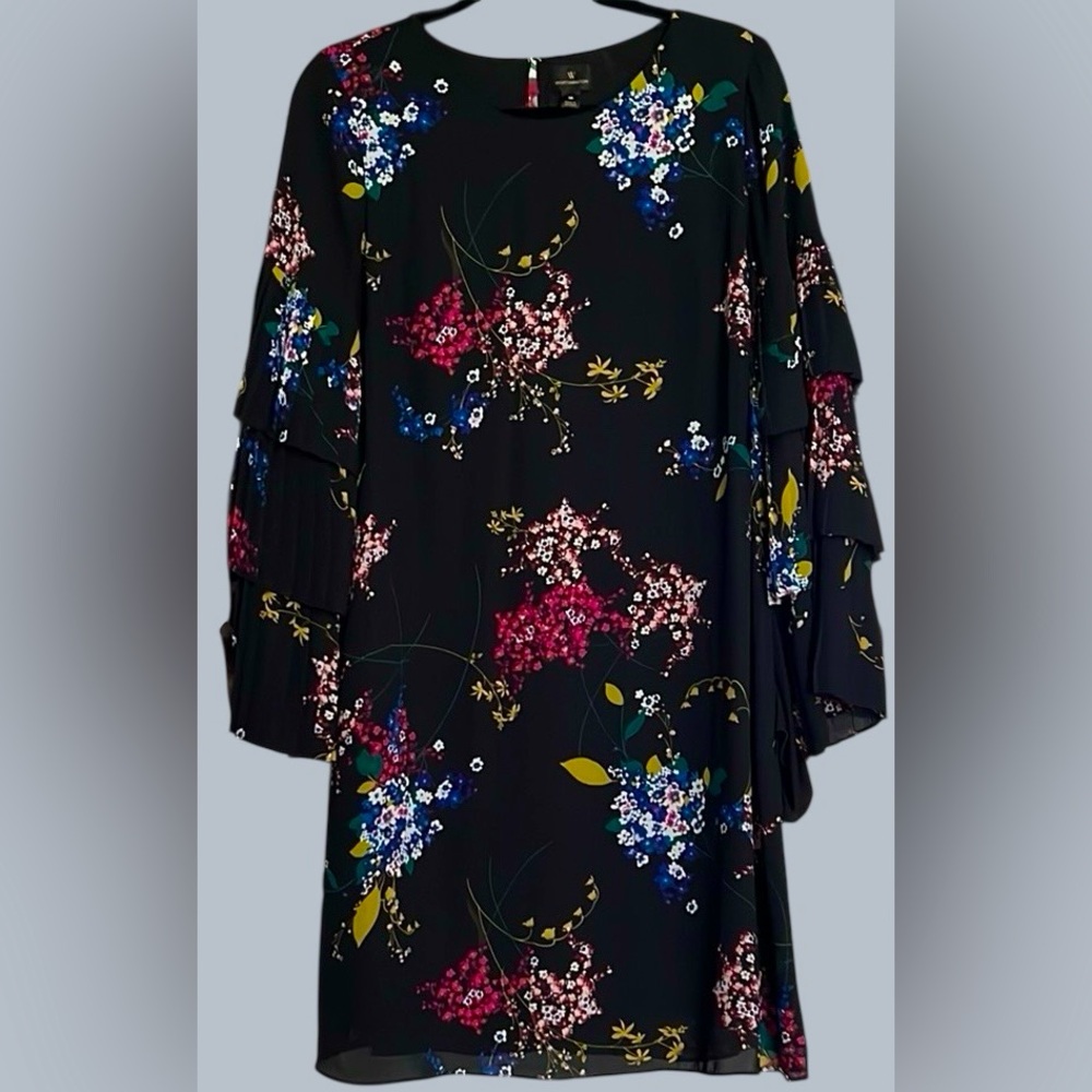 WORTHINGTON Black/Pink/Blue/Yellow Floral 3-Tier Sleeves, Shift Dress,Sz 12,GUC.